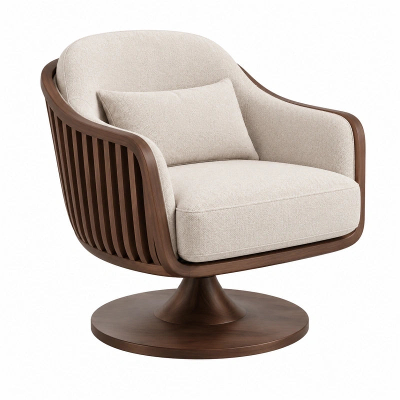 Fauteuil 82 x 80 x 85 cm en tissu beige et bois brun pivotant