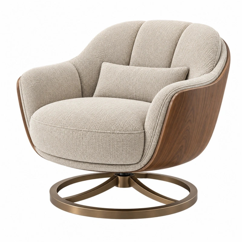 Fauteuil pivotant 90 x 88 x 82 cm en tissu beige et bois style contemporain