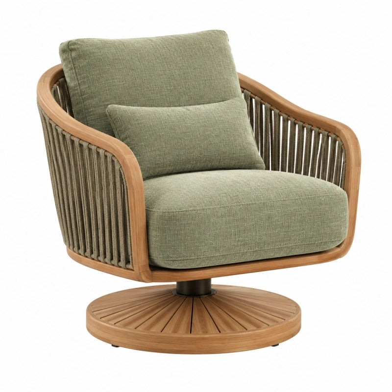 Fauteuil pivotant 82 x 80 x 83 cm en bois et corde vert kaki style naturel