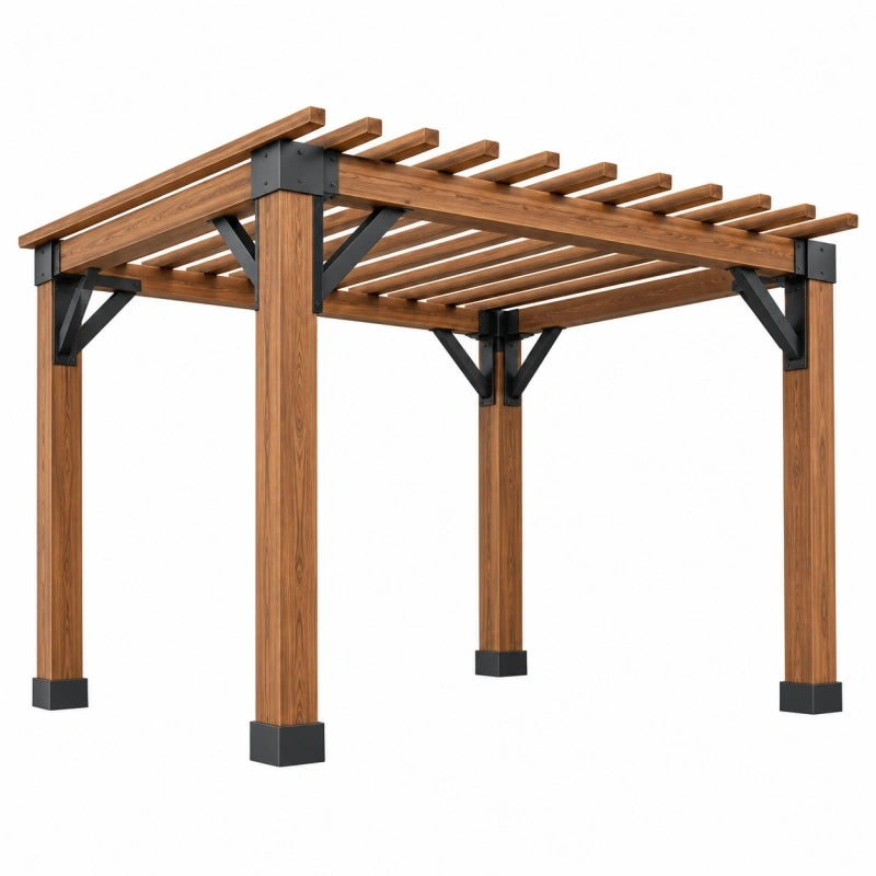 Pergola 300 x 300 x 230 cm en bois marron et métal noir pour jardin à toit ajouré