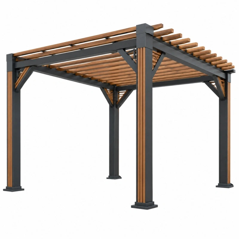 Pergola 300 x 300 x 250 cm en métal noir et lames aspect bois pour terrasse