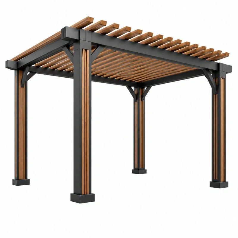 Pergola 300 x 300 cm en métal noir et bois brun à toit ajouré pour terrasse