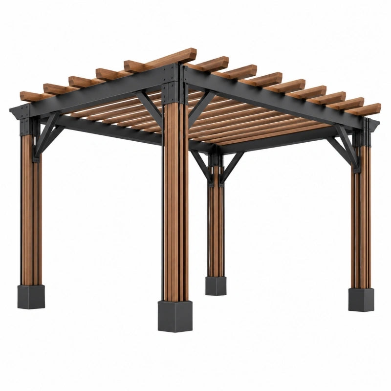 Pergola de jardin 300 x 300 x 240 cm en bois et acier noir structure ajourée