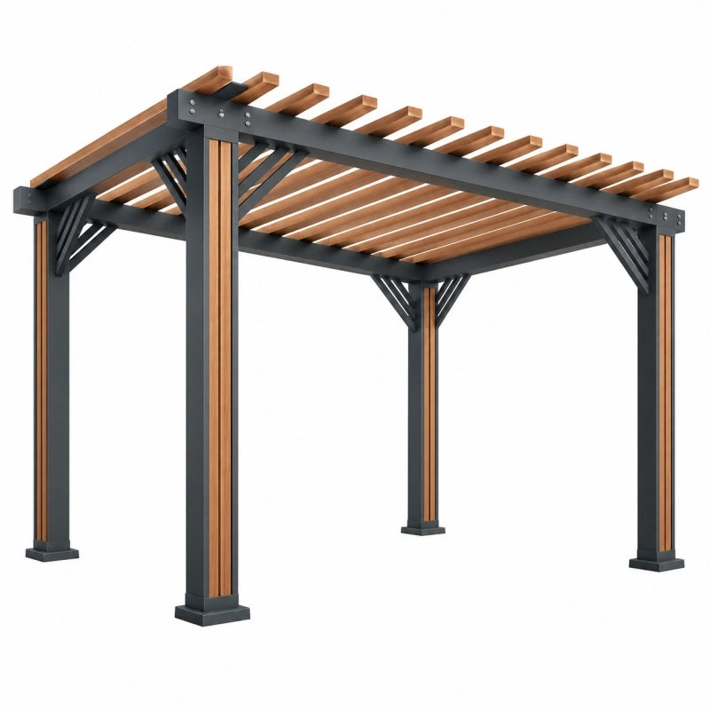 Pergola 300 x 300 x 230 cm en acier noir et bois - structure à lames pour terrasse