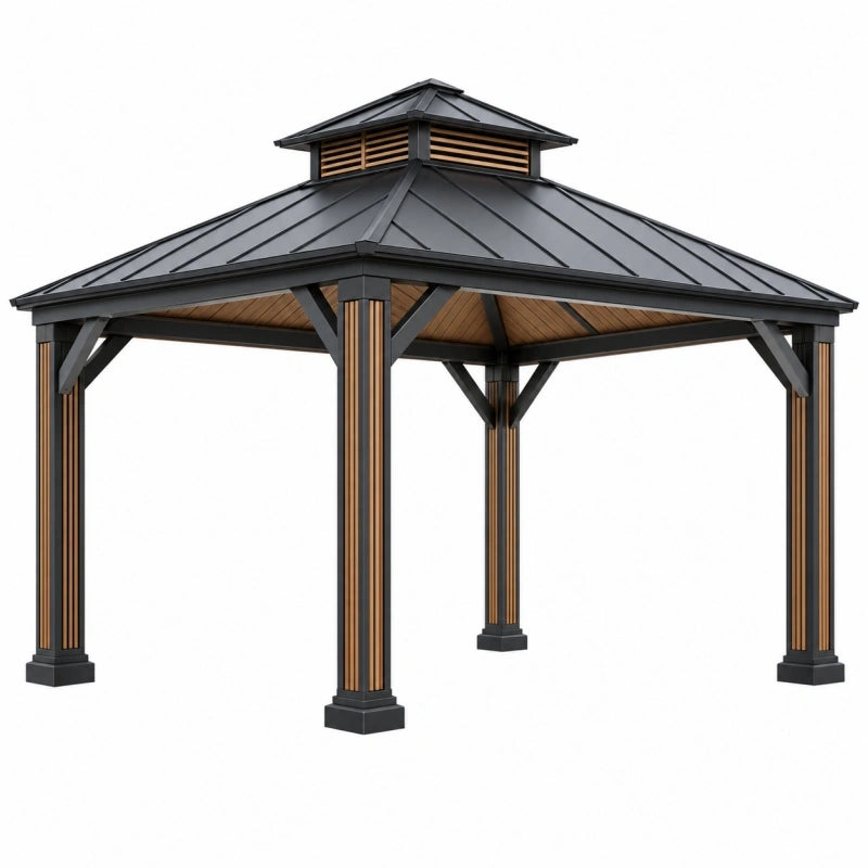 Tonnelle de jardin 300 x 300 x 300 cm en métal noir et bois brun avec toit ventilé