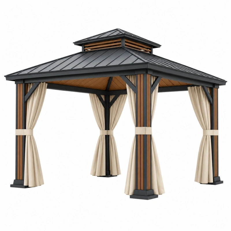 Tonnelle de jardin 300 x 300 cm en métal noir et bois avec rideaux