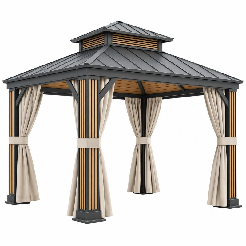 Tonnelle de jardin 300 x 300 x 290 cm en acier noir avec rideaux beiges et toit rigide