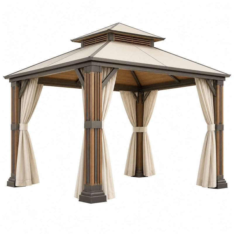 Pavillon de jardin 300 x 300 cm aluminium beige avec rideaux et toit rigide