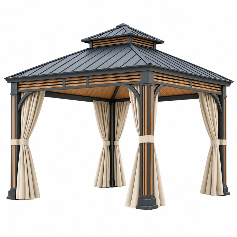 Pavillon de jardin 300 x 300 cm en métal noir et beige avec rideaux et toit ventilé