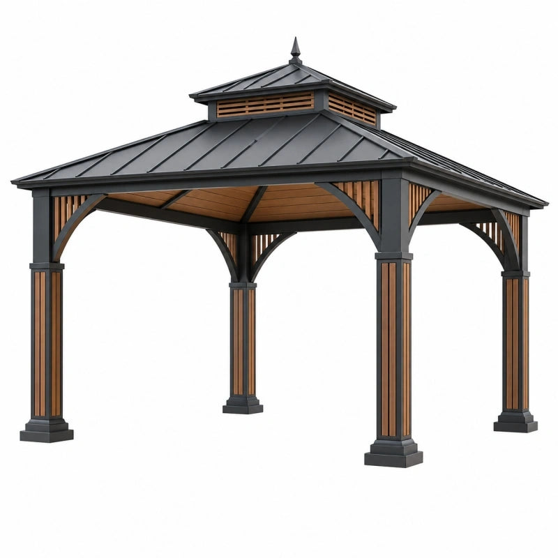 Tonnelle de jardin 400 x 300 cm en acier noir et brun avec toit rigide ventilé