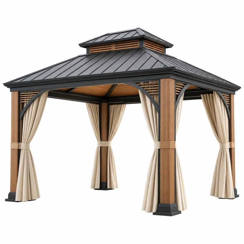 Tonnelle de jardin 300 x 300 x 300 cm en métal et bois noir marron avec rideaux style pavillon