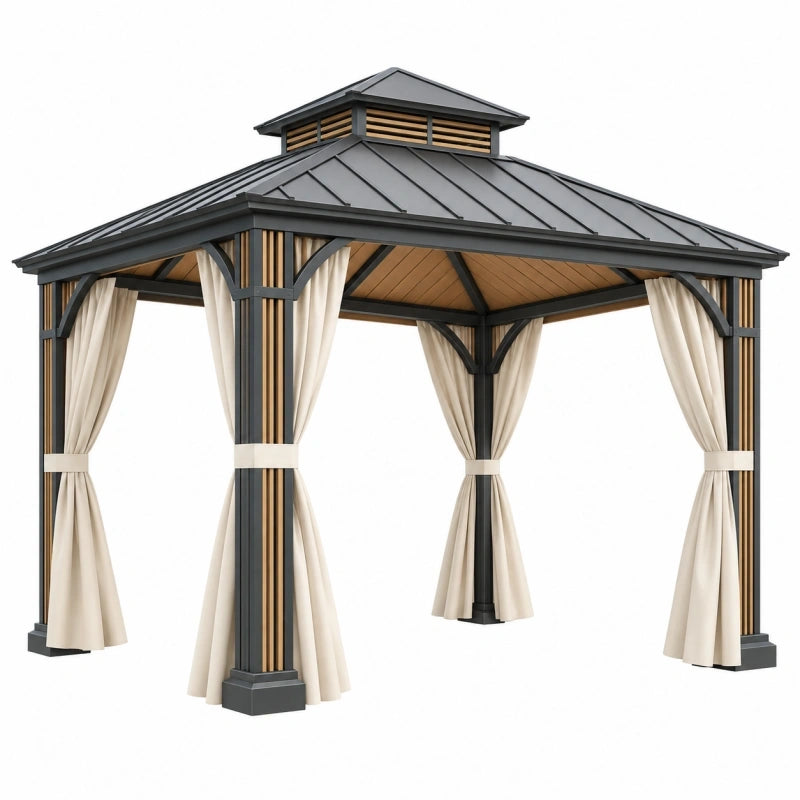 Pavillon de jardin 300 x 300 x 300 cm en métal noir et bois avec rideaux style contemporain