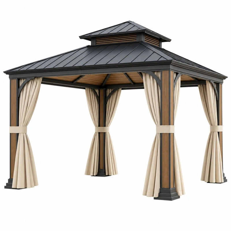 Tonnelle de jardin 300 x 300 x 300 cm en métal noir et aspect bois avec rideaux style pavillon extérieur