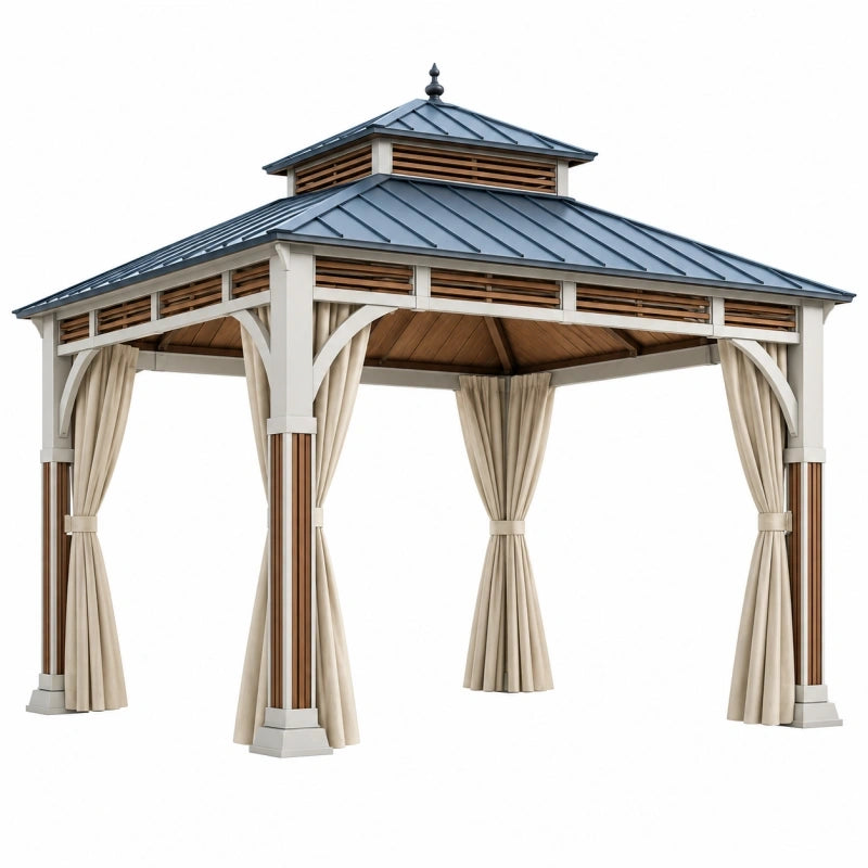 Tonnelle de jardin 300 x 300 x 300 cm en métal beige et gris avec rideaux style pavillon