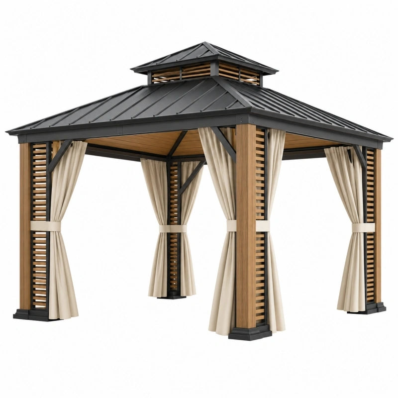 Tonnelle de jardin 300 x 300 x 290 cm en acier noir et aspect bois avec rideaux