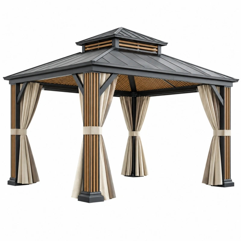 Tonnelle de jardin 300 x 300 x 290 cm en métal noir et beige avec rideaux toit ventilé