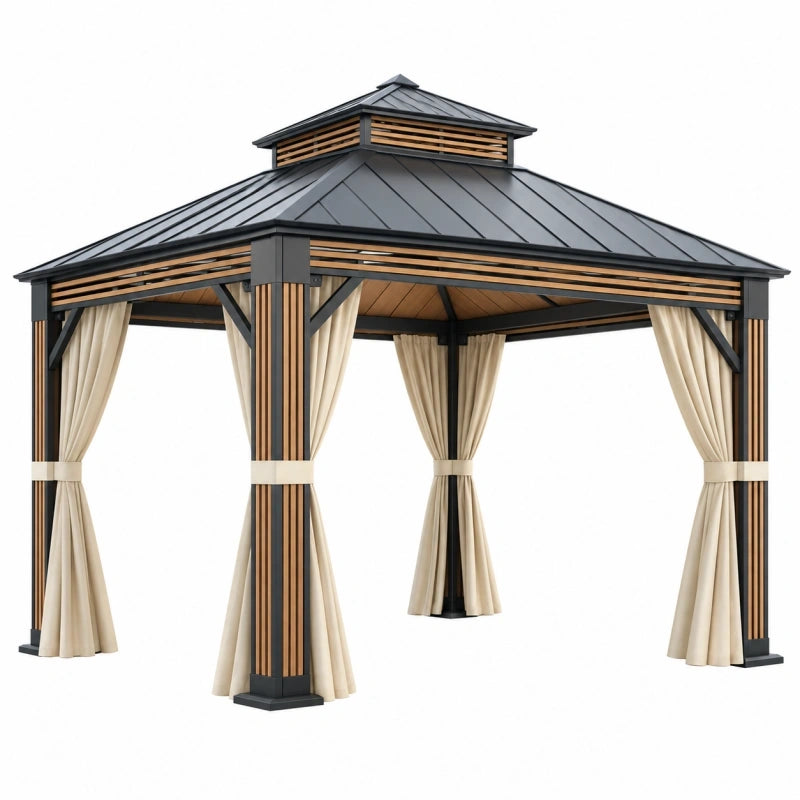 Tonnelle 300 x 300 x 300 cm en métal noir avec rideaux beiges pour jardin