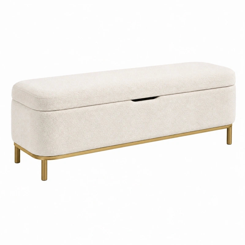 Banc de rangement 110 x 40 x 45 cm en tissu beige avec pieds métalliques dorés