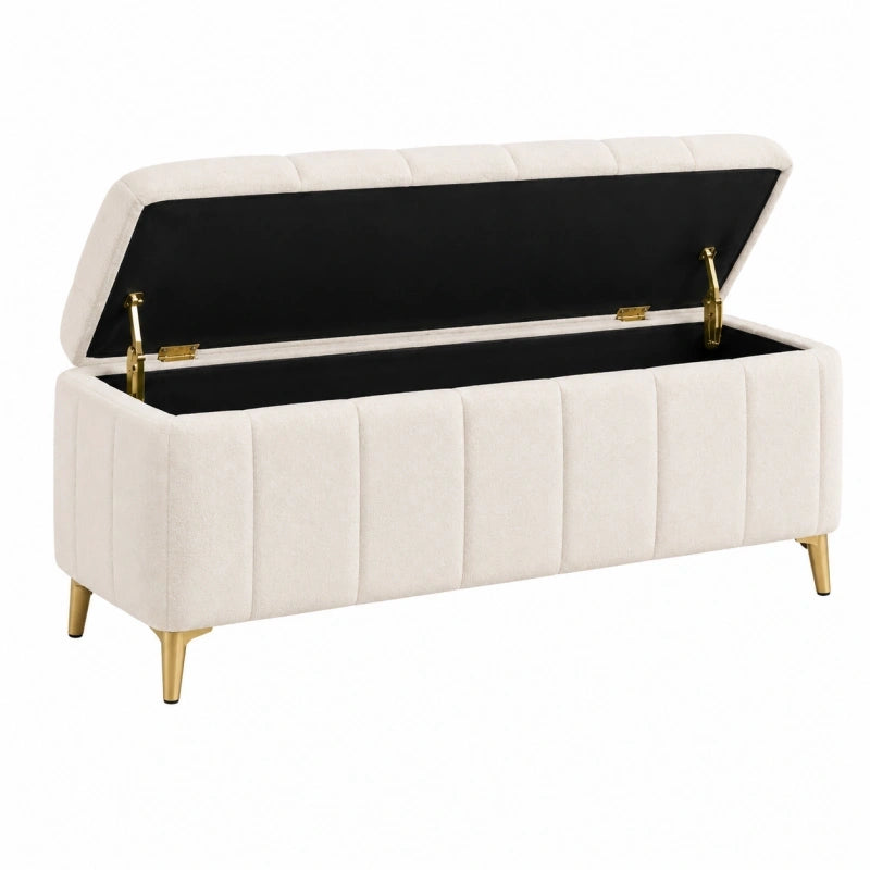 Banc coffre 120 cm x 45 cm x 48 cm en tissu beige rangement capitonné style contemporain