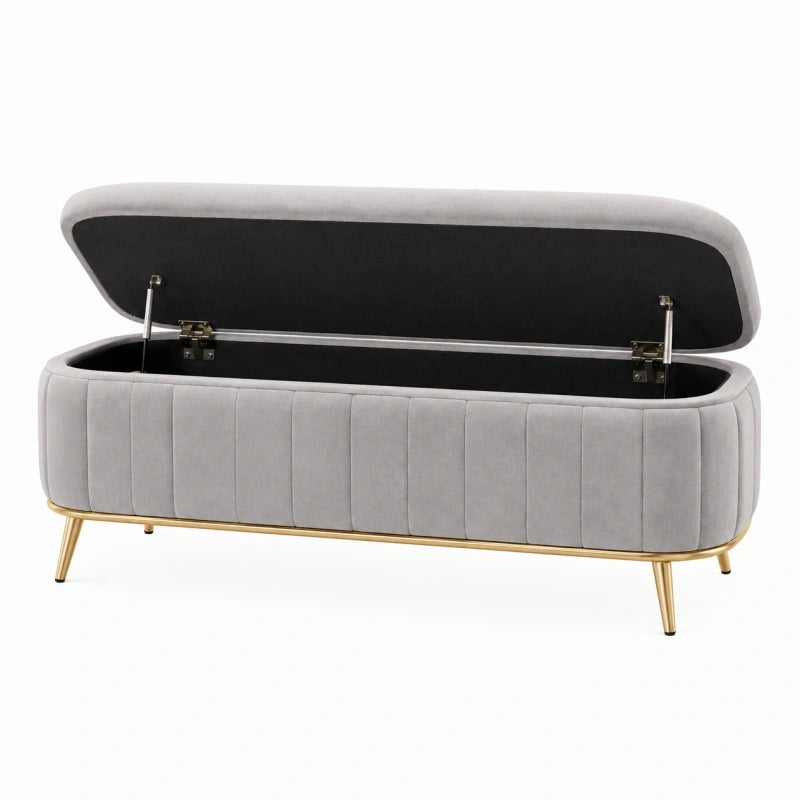 Banc coffre 120 x 40 x 45 cm en velours gris avec pieds dorés style contemporain