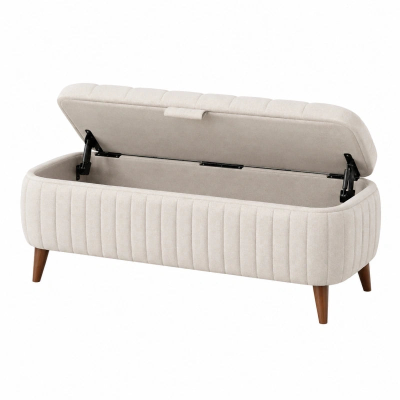 Banc coffre de rangement 120 cm en tissu beige avec pieds en bois style contemporain