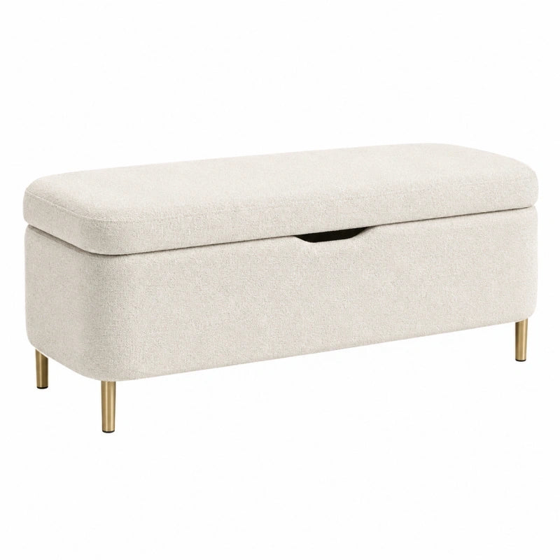 Banc coffre 100 cm en tissu beige avec rangement et pieds métalliques