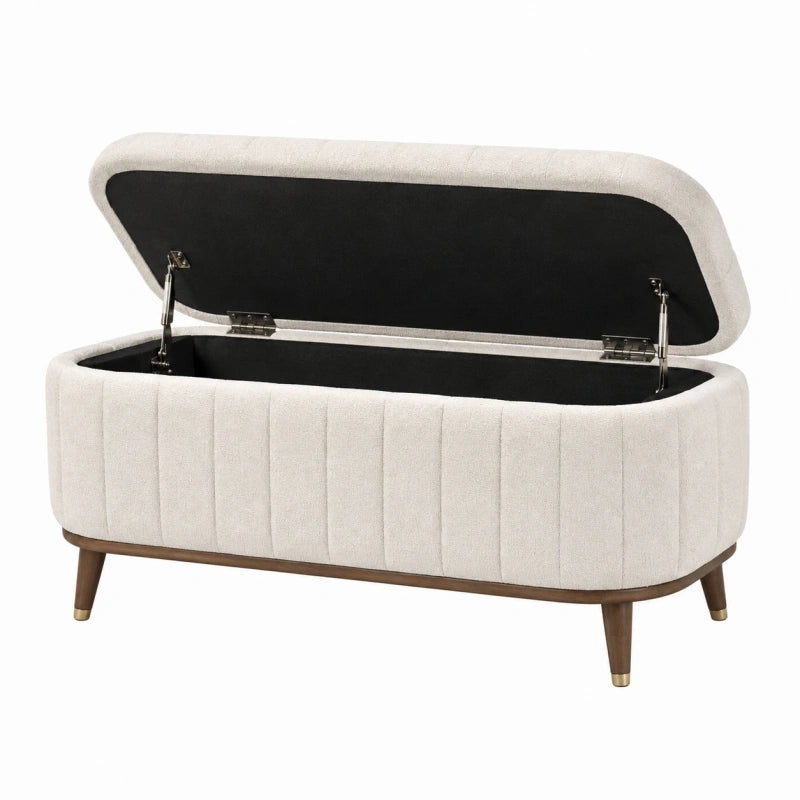 Banc coffre 120 cm 45 cm 50 cm en tissu beige avec rangement et pieds en bois