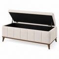Banc coffre 120 x 45 x 48 cm en tissu beige avec pieds en bois style contemporain