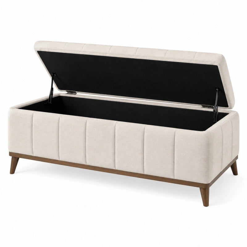 Banc coffre 120 x 45 x 48 cm en tissu beige avec pieds en bois style contemporain