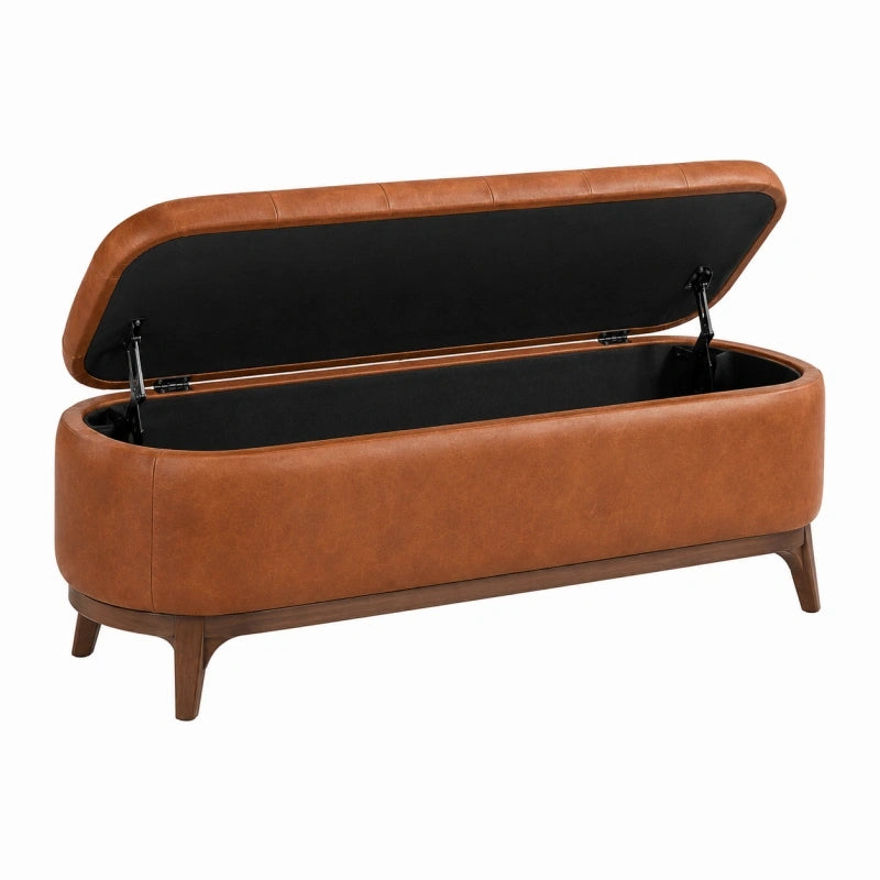 Banquette coffre 120 cm en similicuir marron cognac avec rangement style rétro